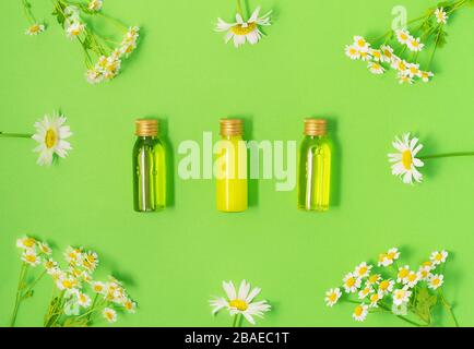 Piatto di laici piccolo mockup bottiglie con spa prodotti cosmetici su sfondo verde con freschi Fiori di camomilla. Le donne di bellezza e un salone di bellezza cosmetici Foto Stock