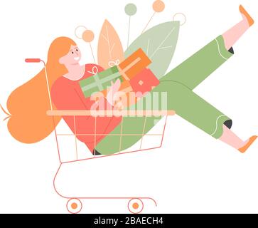 Ragazza allegra personaggio in un carrello per lo shopping. Illustrazione Vettoriale