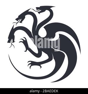 Silhouette dello schizzo della bestia o icona del tatuaggio del personaggio fantasy con vettore delle ali Illustrazione Vettoriale