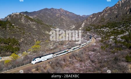 Pechino, Cina. 27 marzo 2020. La foto aerea scattata il 27 marzo 2020 mostra un treno suburbano che corre vicino alla Grande Muraglia di Juyongguan a Pechino, capitale della Cina. Credit: JU Huanzong/Xinhua/Alamy Live News Foto Stock