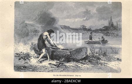 Dugout canoa secondo l'illustratore francese Emile Bayard (1837-1891), illustrazione Artwork pubblicato in Primitive Man di Louis Figuier (1819-1894), pubblicato a Londra da Chapman e Hall 193 Piccadilly nel 1870 Foto Stock