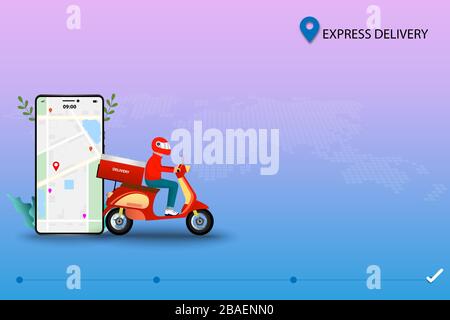 Concetto aziendale di consegna rapida, consegna delle merci tramite scooter e tracciamento online tramite l'uso di un'applicazione sul telefono cellulare. Illustrazione Vettoriale