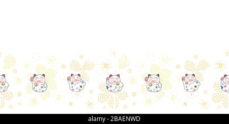 Golden seamless astratto doodle fuochi d'artificio bordo in forma floreale con cute fortunato gatto su sfondo bianco. Design moderno. Fuochi d'artificio, anno nuovo, festa. Illustrazione Vettoriale
