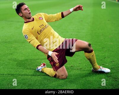 Olivier Giroud di Arsenal celebra il secondo goal Foto Stock