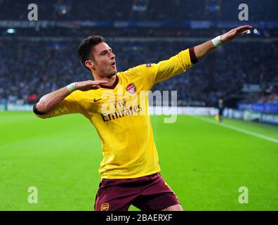 Olivier Giroud di Arsenal celebra il secondo goal Foto Stock