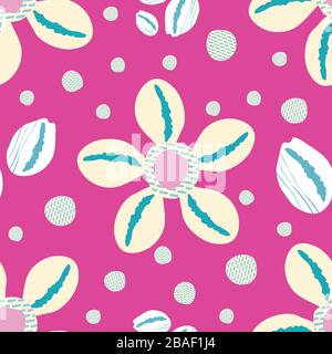 Cowrie shell sfondo con pattern vettoriale senza giunture. Moderno cozze disegnate a mano che ripetono lo sfondo a tema della fauna selvatica dell'oceano. Illustrazione marina rosa caldo dappertutto Illustrazione Vettoriale
