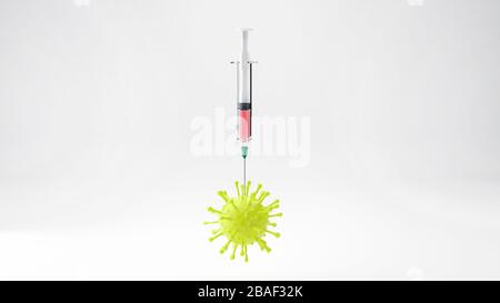 Vaccino del virus Corona iniettato nel concetto di cellula del virus corona, illustrazione 3d Foto Stock