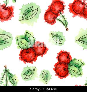Motivo senza cuciture di ciliegie dipinte in acquerello su sfondo bianco. Berriess disegnato a mano. Foto Stock