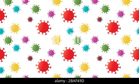 Illustrazione coloratissima del coronavirus covid-19. Disegno di sfondo senza cuciture. Giallo, rosso arancione, verde, azzurro, viola. Illustrazione Vettoriale