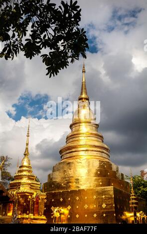 Wat Phra Sing con golden Stupa al cielo nuvoloso in background, Chiang Mai, Thailandia Foto Stock