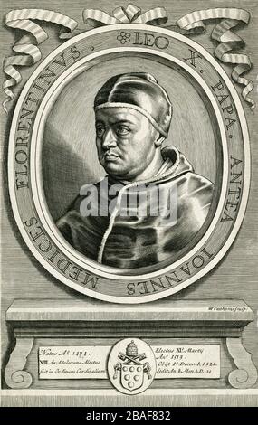 Papa Medici rinascimentale, Leone X (1474-1521). Incisione creata da William Faithorne il Vecchio (1620 - 1691) per la "Storia della riforma" di Johan Sleidan, pubblicata nel 1689. Foto Stock