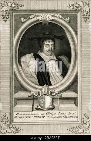 Gilbert Sheldon (1598-1677), un Royalista durante le guerre civili inglesi che ha raccolto fondi per l'esiliato re Carlo II Dopo il restauro della monarchia nel 1660, Sheldon fu consacrato arcivescovo di Canterbury nel 1663 e divenne cancelliere dell'Università di Oxford nel 1667. Il teatro Sheldonian di Oxford è stato costruito e dotato a spese di Sheldon. Incisione creata negli anni '1700s da George Vertue (1683-1756), dopo un ritratto di Sir Peter Lely (1618-1680). Foto Stock