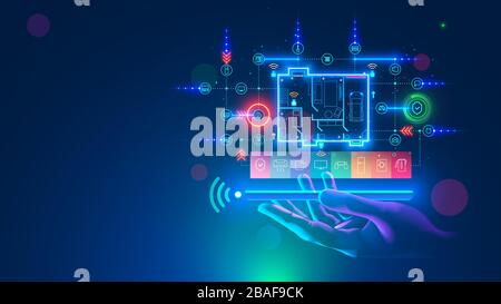Smart home su schermo dello smartphone in mano, vista laterale. App di telefoni cellulari di CONTROLLO remoto IOT, automazione dispositivi domestici tecnologia. Pianta Illustrazione Vettoriale
