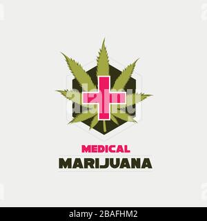 Logo del vettore di cannabis medica. Croce rossa e foglia di canapa. Illustrazione Vettoriale