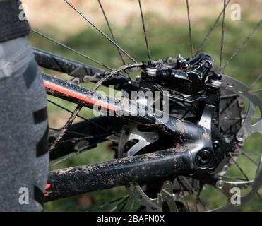 Dettaglio freno a disco su mountain bike Foto Stock