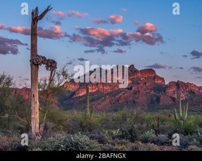 Picchi vicini al tramonto, Peralta Trailhead Road, Superstition Wilderness Area, Arizona. Foto Stock