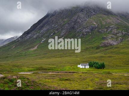 Piccola casa bianca nella brughiera sotto Buachaille Etive Mòr, nella Valle di Glencoe, nelle Highlands scozzesi in Scozia. Foto Stock