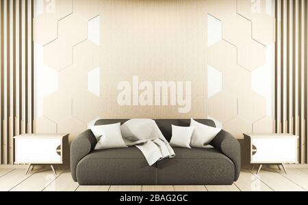 Divano su moderno interno roon con piastrelle esagonali in legno a parete. Rendering 3D Foto Stock