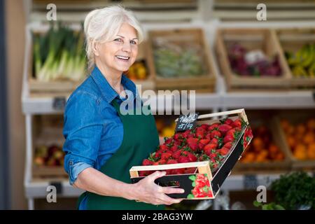 Donna senior che lavora in un piccolo negozio di alimentari Foto Stock