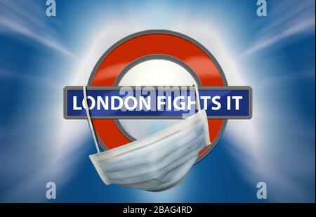 Londra tubo sotterraneo simbolo coperto da maschera protettiva contro il virus corona, covid 19 Foto Stock