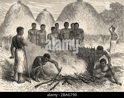 Guarigione rituale da ferite da sparo. Le ultime Giornali di David Livingstone, missionario ed esploratore scozzese, 1866-1873. Vecchia incisione El Mundo en la Foto Stock