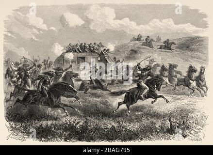 Gli indiani del Colorado attaccano la diligenza transcontinentale nel deserto, 1867 luglio, Stati Uniti d'America. Viaggio all'estremo ovest americano Foto Stock