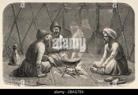 Interno di una tenda turkmen, da Viaggi in Asia centrale 1863 di Armin Vambery. Vecchia incisione El Mundo en la mano 1878 Foto Stock