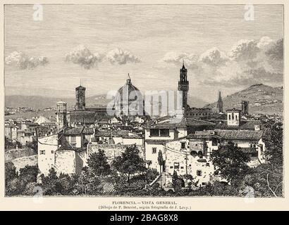 Panoramica generale della città di Firenze, Italia Europa. Vecchia immagine di illustrazione incisa del secolo 19th dal libro Nuova Geografia universale Foto Stock