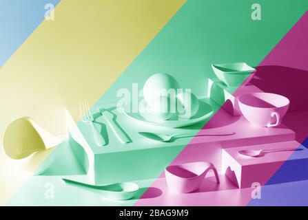 design moderno, illustrazione di posate e stoviglie bianche con strisce grafiche colorate Foto Stock