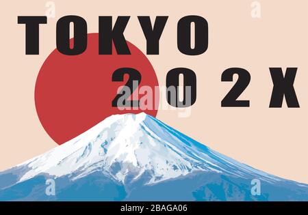 Testo di Tokyo e 202X con un sole rosso sullo sfondo Illustrazione Vettoriale