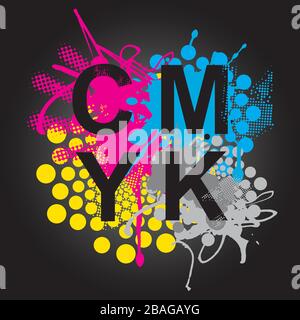 CMYK stampa colori sfondo espressivo. Gli inchiostri CMYK ciano magenta giallo nero e CMYK su sfondo nero. Vettore disponibile. Illustrazione Vettoriale