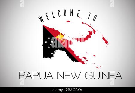 Papua Nuova Guinea Benvenuti al testo e bandiera di paese all'interno della mappa di confine di paese. Papua Nuova Guinea mappa con bandiera nazionale Vector Design illustrazione. Illustrazione Vettoriale