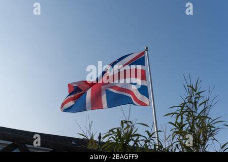 Bandiera di Union Jack che batte nel cielo azzurro del vento e gli alberi sullo sfondo Foto Stock