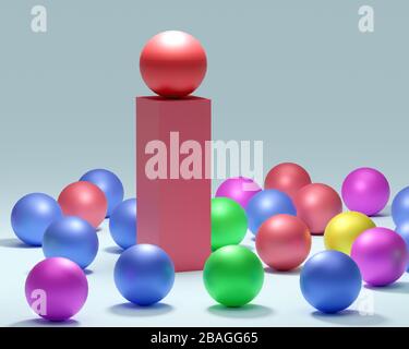 Leadership. Immagine concettuale di un capo e di un subordinato. Lavoro di squadra. Palloncini colorati. rendering 3d. Foto Stock