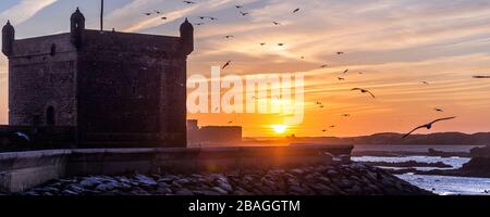 Tramonto a Essaouira e vista sul forte, Essaouira, Marocco Foto Stock