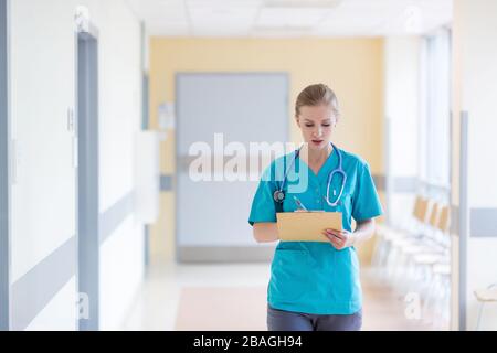 Ritratto di una giovane infermiera femminile in ospedale Foto Stock