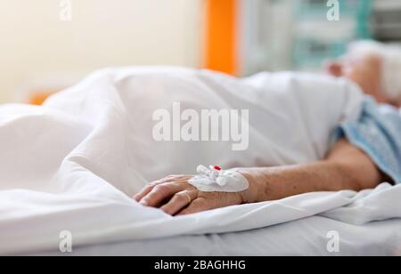 Paziente anziano nel letto dell'ospedale Foto Stock