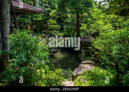 Il bellissimo giardino interno della casa Nomura Samurai (Nomura-ke) uno dei migliori edifici storici conservati nel distretto Nagamachi di Kanazawa Foto Stock