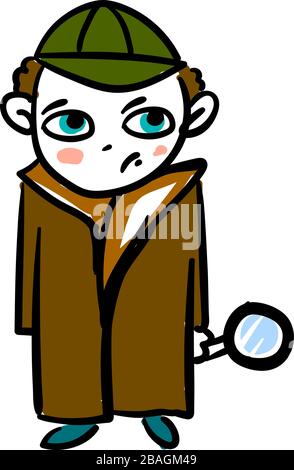 Sherlock Holmes con strumento di ingrandimento, illustrazione, vettore su sfondo bianco Illustrazione Vettoriale