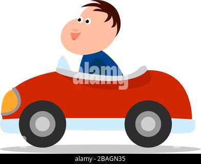 Bambino in rosso giocattolo auto, illustrazione, vettore su sfondo bianco Illustrazione Vettoriale