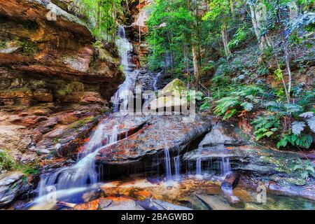 Impressiona la caduta nelle Blue Mountains australiane che scorrono attraverso rocce di arenaria erose. Foto Stock