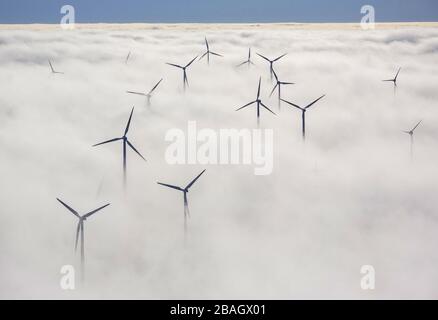 , turbine eoliche che sporgono da uno strato di nebbia, 11.12.2013, vista aerea, Germania, Renania Settentrionale-Vestfalia, Sauerland, Marsberg Foto Stock
