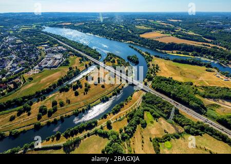 Fiume Ruhr, autostrada A43 e lago Kemnade, isola e quartiere Herbede, 22.07.2019, vista aerea, Germania, Nord Reno-Westfalia, Ruhr Area, Bochum Foto Stock