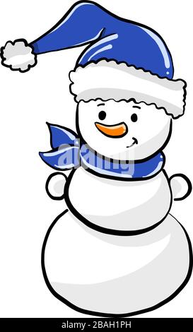 Snowman con sciarpa blu, illustrazione, vettore su sfondo bianco Illustrazione Vettoriale