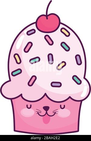 carino cibo cupcake con frutta dolce dessert kawaii cartoon vettore illustrazione disegno isolato Illustrazione Vettoriale