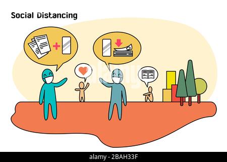 Concetto di distanza sociale circa la gente che parla ma mantenga la distanza 2 metro o 6 piedi. Sono ordini, inviati e trasferiscono denaro tramite smartphone. Illustrazione Vettoriale