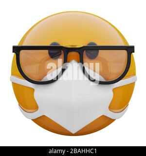 Rendering 3D di viso giallo emoji con occhiali nerd e maschera medica che protegge da coronavirus 2019-nCoV, MERS-nCoV, sars, influenza aviaria e altri virus Foto Stock