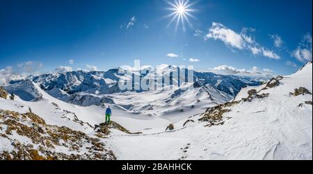 Uomo, tour sciistico si affaccia sulle catene montuose innevate, tour sciistico, panorama montano, vista da Geierjoch alle Alpi Olperer e Zillertaler Foto Stock