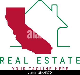 Icona del vettore immobiliare in California. Home line icona e semplice mappa della California. Idea di branding, emblema biglietto da visita. Illustrazione Vettoriale