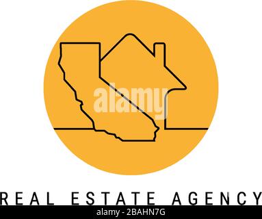 Icona del vettore immobiliare in California. Home e mappa semplice della linea California icona nel cerchio giallo. Idea di branding, emblema biglietto da visita. Illustrazione Vettoriale